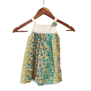 Rim Zim 3T blue/yellow/white/brown geometric 100% cotton A line sleeveless dress